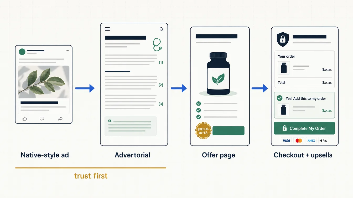 Diagram of the advertorial funnel: a native-style ad opens a long-form advertorial that pre-sells before the offer page and checkout with upsells