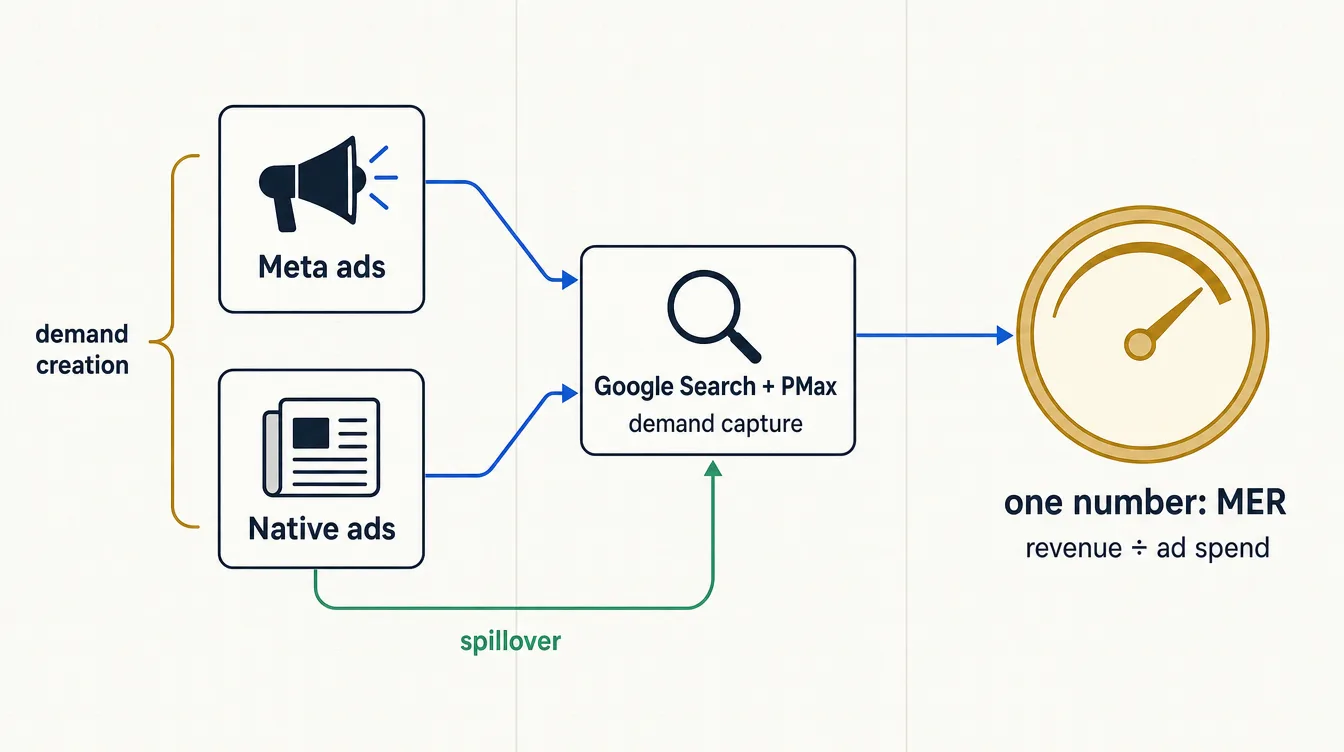 Diagram of the multi-channel engine: Meta and native ads create demand, Google Search and Performance Max capture it, and everything is judged by one number — MER, revenue divided by ad spend