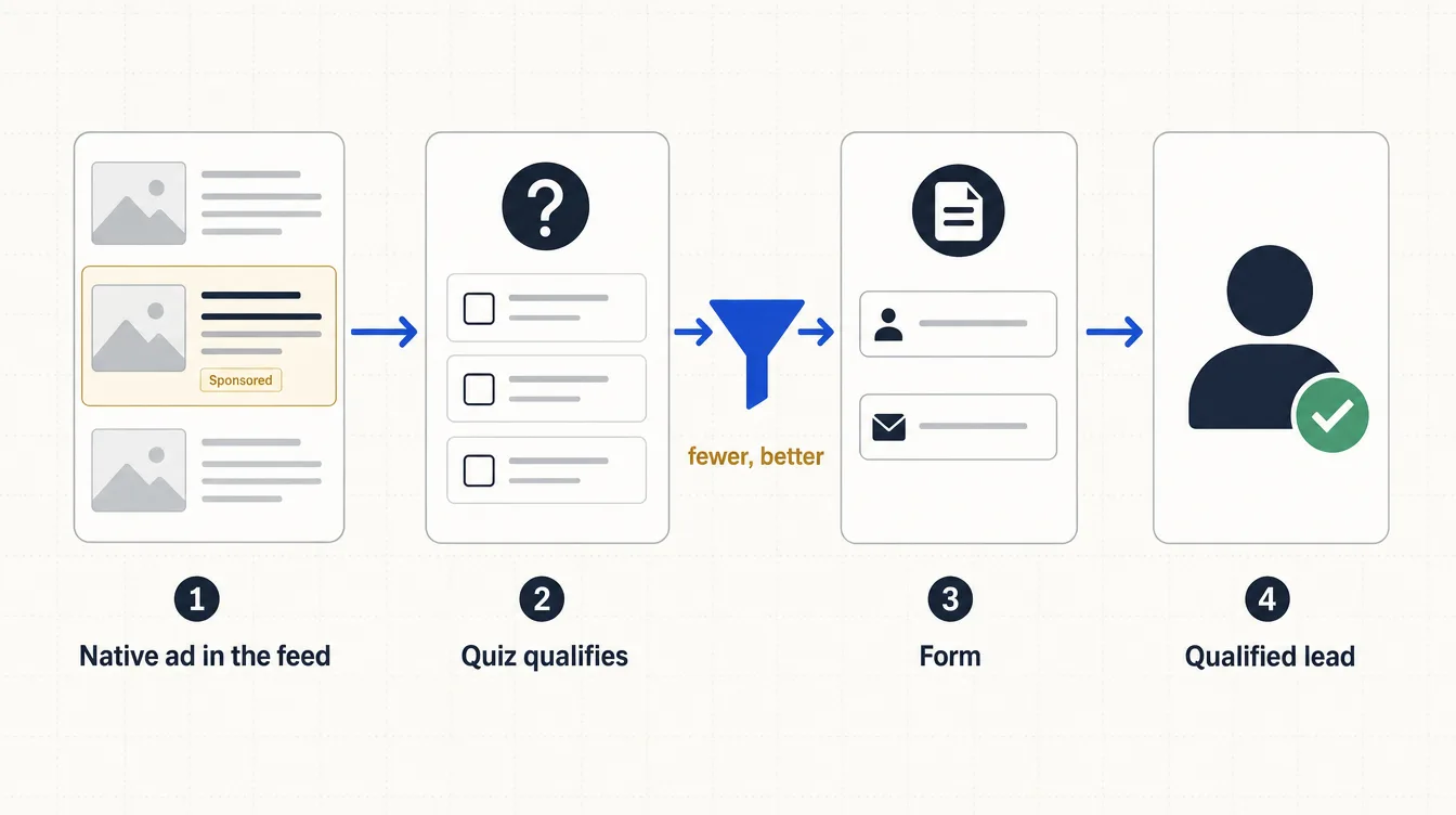 Diagram of the pre-qualification funnel: a native ad in a content feed opens a quiz that filters visitors before the form, producing qualified leads