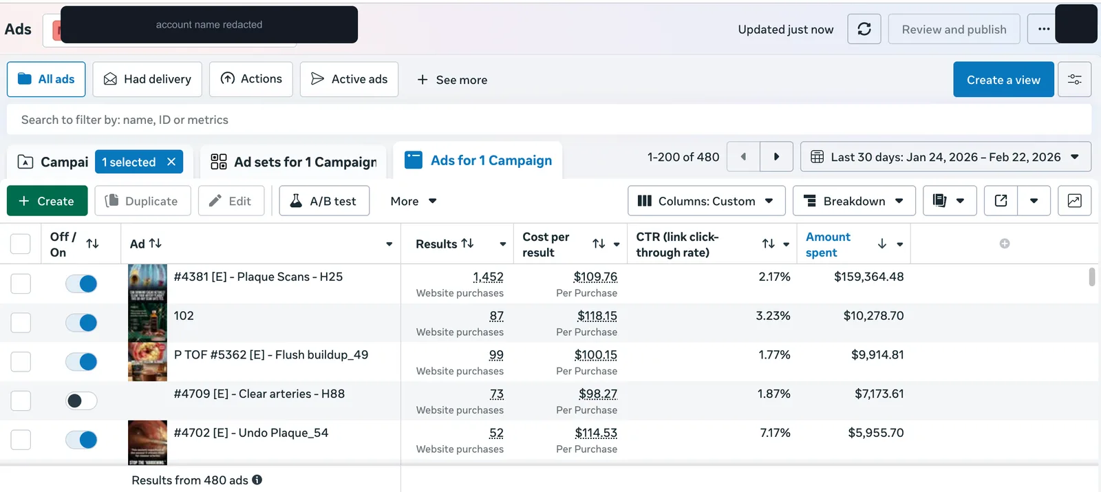 Meta Ads Manager ads view: 480 ads in one campaign, top ad Plaque Scans with 1,452 purchases at $109.76, Undo Plaque at 7.17% CTR